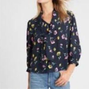 Banana Republic Navy Floral Bow Tie Blouse Size XS